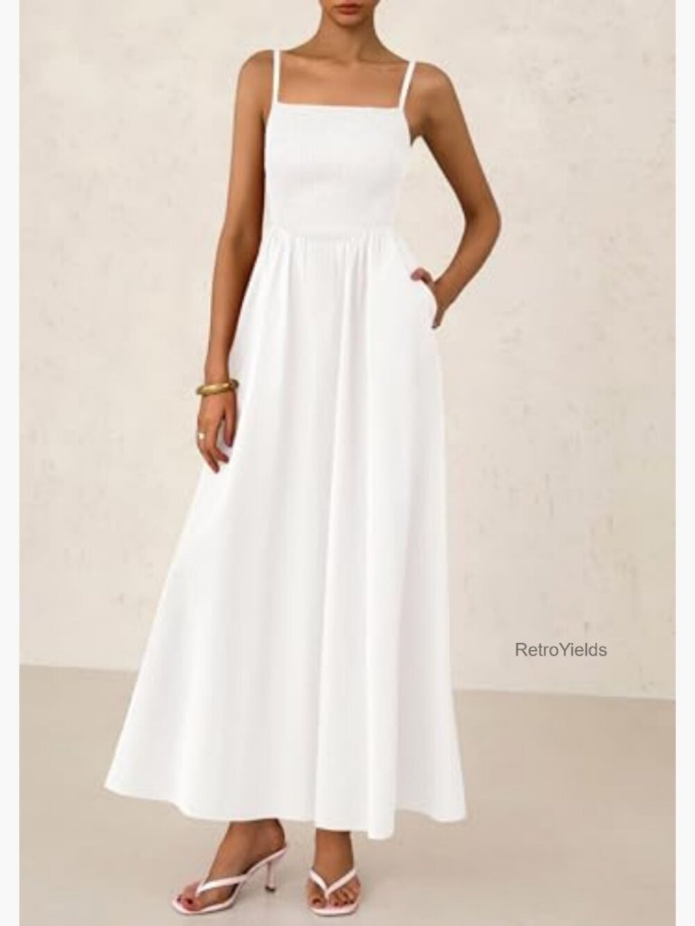 Smocked Spaghetti Strap Maxi Dress Sleeveless Flowy Beach Sundress - Picture 6 of 7